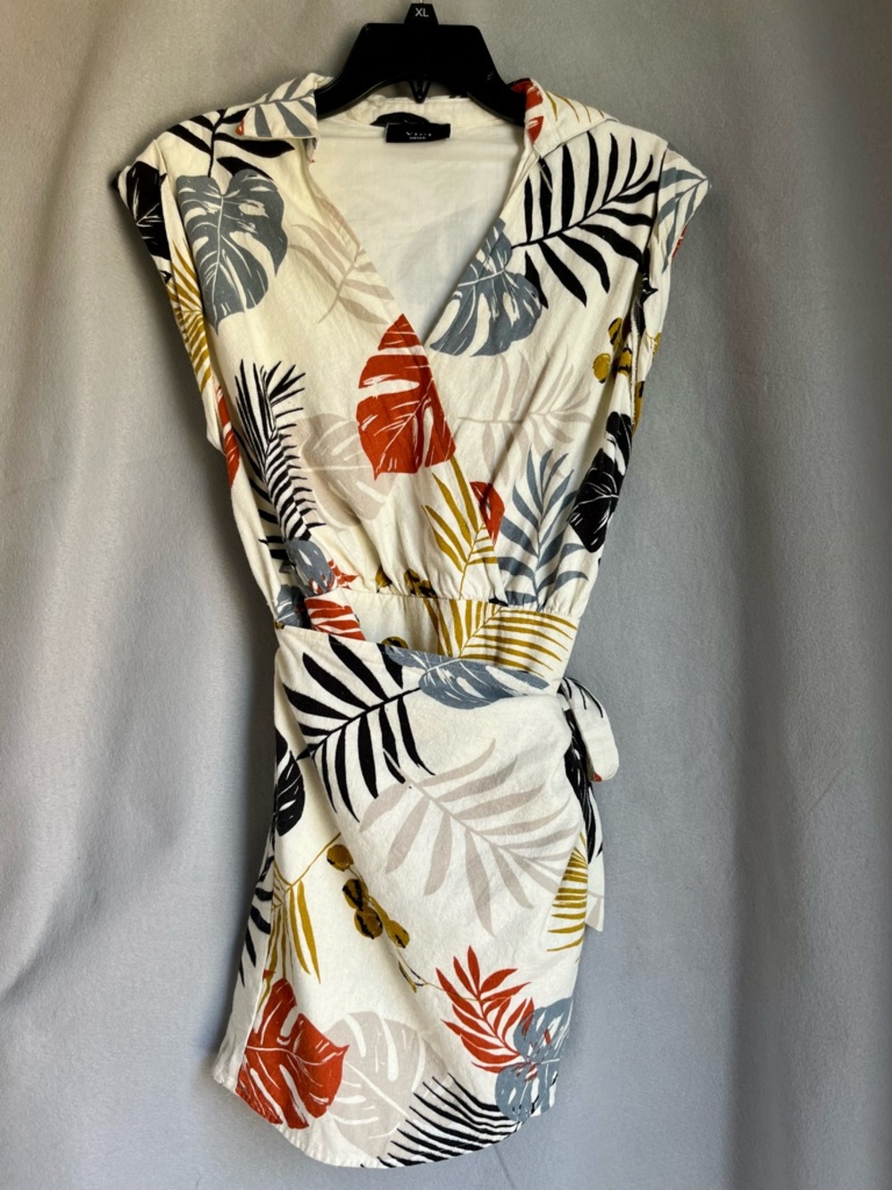VICI Wrap Dress Small Linen Blend Tropical Leaf Print Boho Tie Waist Mini Lined